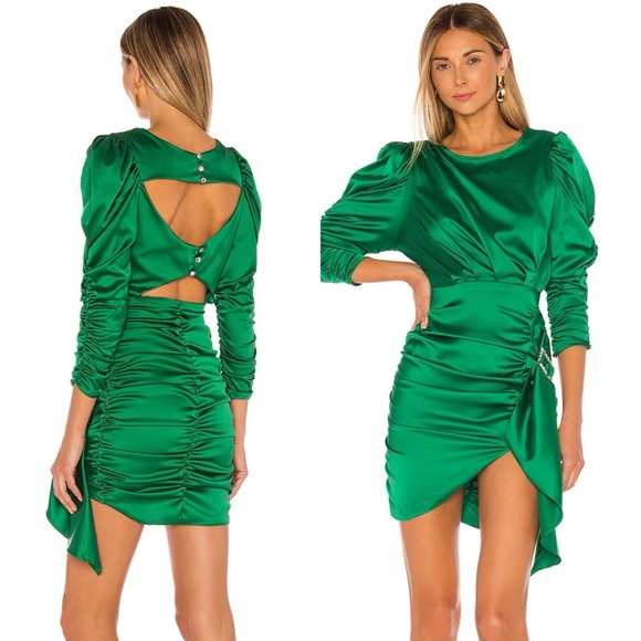 For Love & Lemons Isabeli Long Sleeve Mini Dress in Vert Emerald Green - Picture 1 of 6